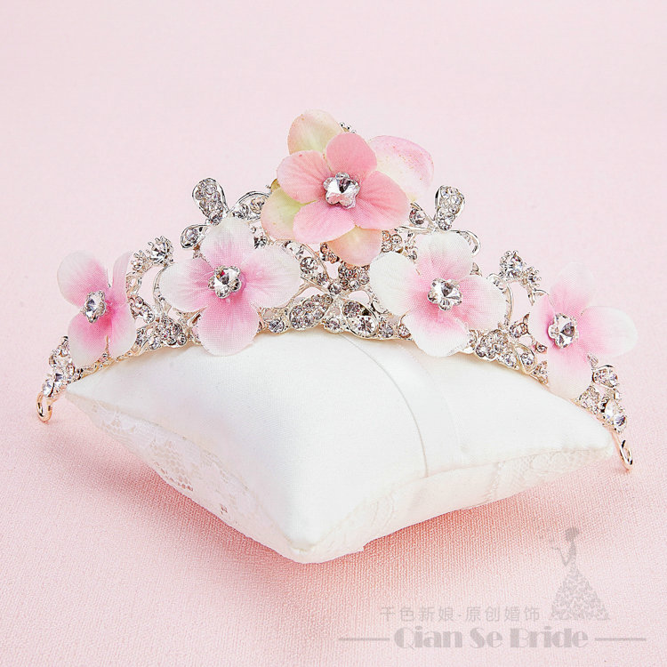 Romantic Rhinestone Yarn Flower Bridal Tiaras Necklace Earring Women Wedding Jewelry Sets 3pcs - Pink