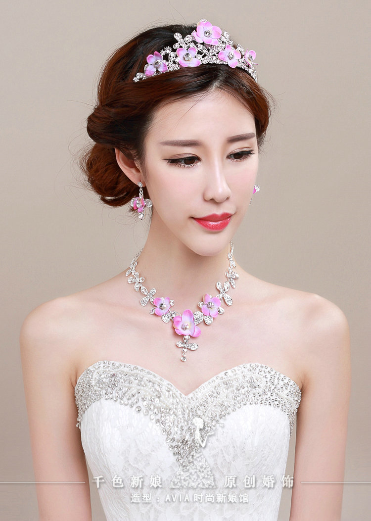 Romantic Rhinestone Yarn Flower Bridal Tiaras Necklace Earring Women Wedding Jewelry Sets 3pcs - Purple