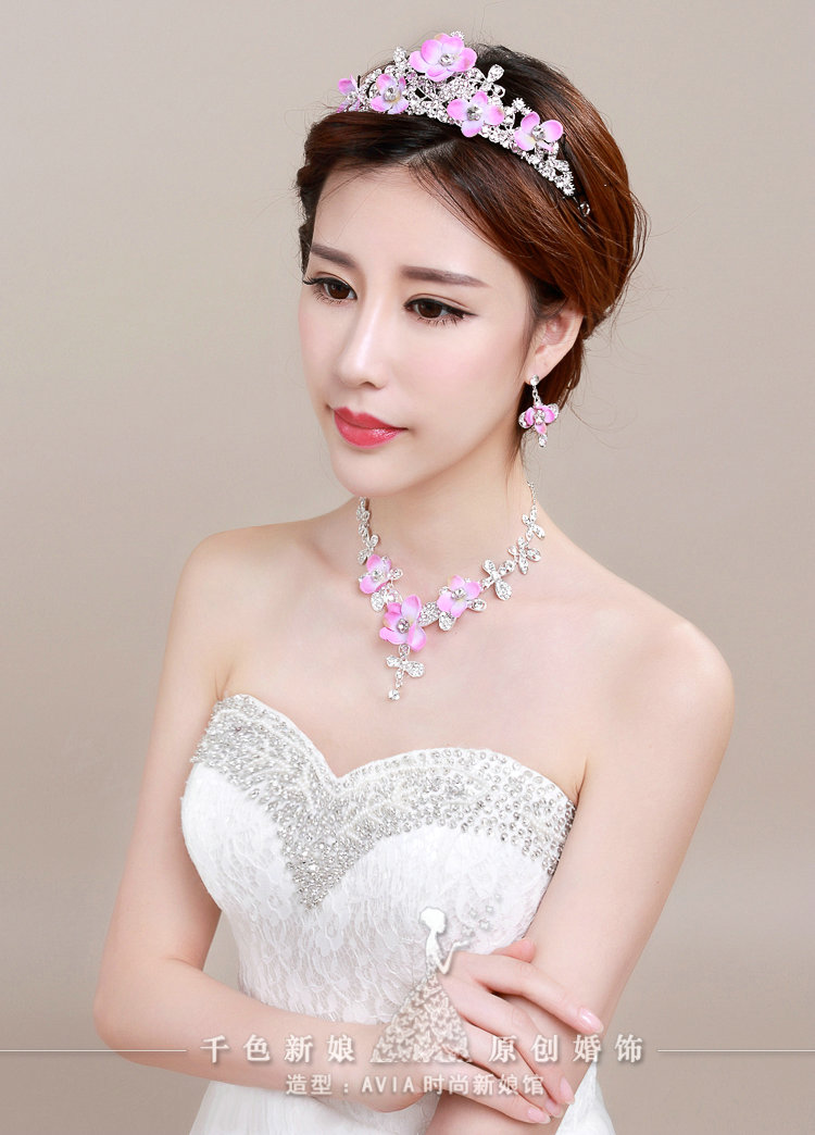 Romantic Rhinestone Yarn Flower Bridal Tiaras Necklace Earring Women Wedding Jewelry Sets 3pcs - Purple