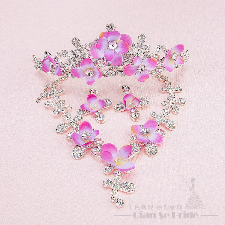 Romantic Rhinestone Yarn Flower Bridal Tiaras Necklace Earring Women Wedding Jewelry Sets 3pcs - Purple