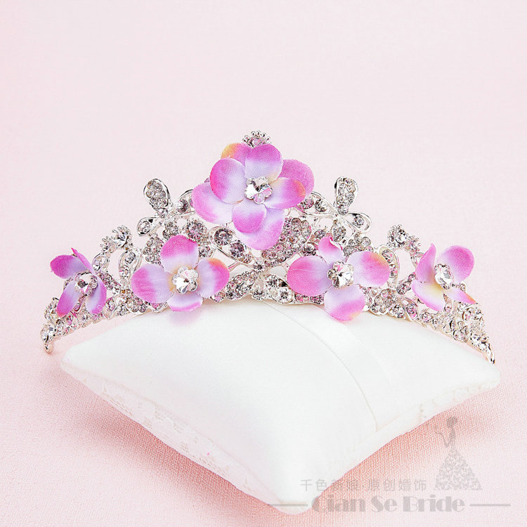 Romantic Rhinestone Yarn Flower Bridal Tiaras Necklace Earring Women Wedding Jewelry Sets 3pcs - Purple
