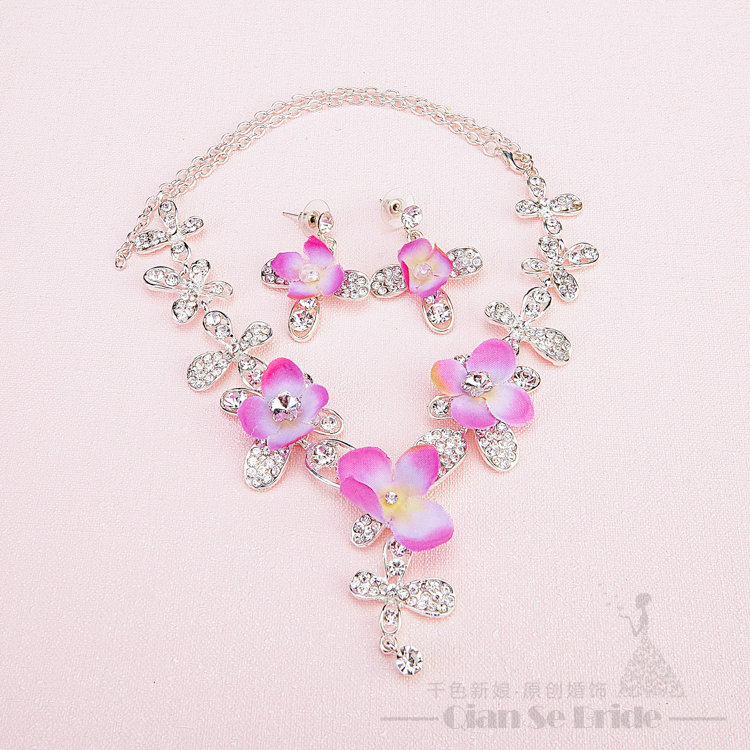 Romantic Rhinestone Yarn Flower Bridal Tiaras Necklace Earring Women Wedding Jewelry Sets 3pcs - Purple