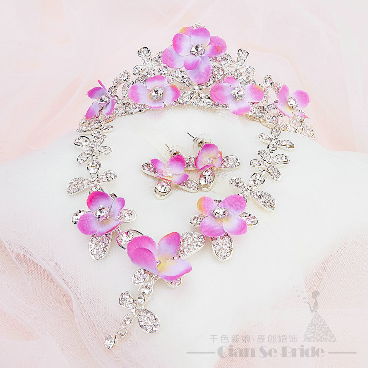 Romantic Rhinestone Yarn Flower Bridal Tiaras Necklace Earring Women Wedding Jewelry Sets 3pcs - Purple