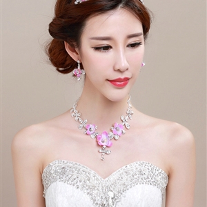 Romantic Rhinestone Yarn Flower Bridal Tiaras Necklace Earring Women Wedding Jewelry Sets 3pcs - Purple