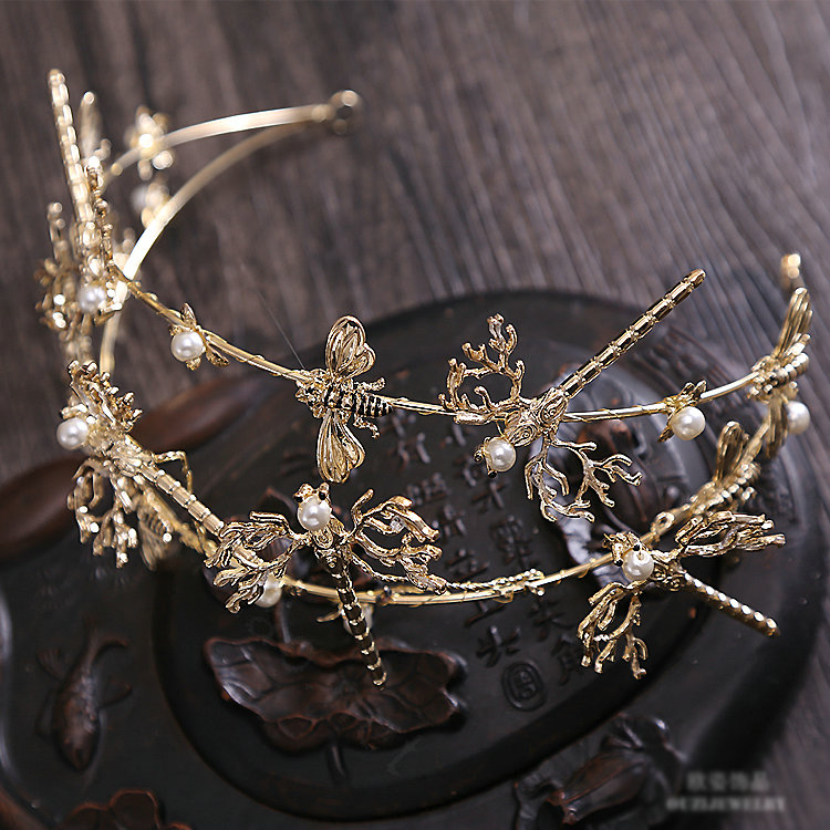 Simple European style Bride Alloy Dragonfly Bees Pearls Hair bands Women Hair Hoop - Gold