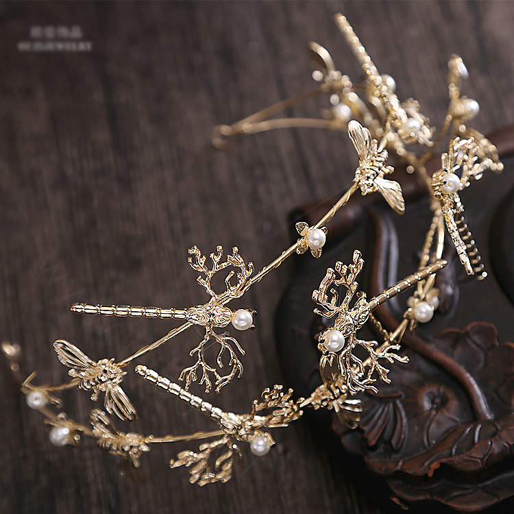 Simple European style Bride Alloy Dragonfly Bees Pearls Hair bands Women Hair Hoop - Gold