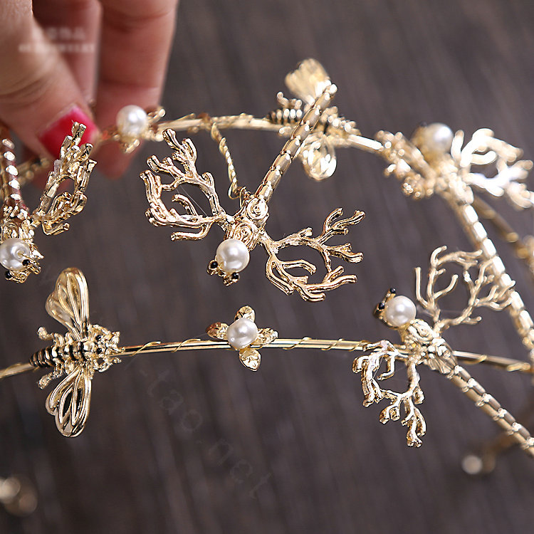 Simple European style Bride Alloy Dragonfly Bees Pearls Hair bands Women Hair Hoop - Gold