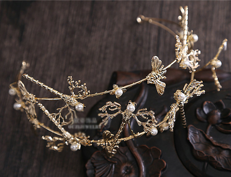 Simple European style Bride Alloy Dragonfly Bees Pearls Hair bands Women Hair Hoop - Gold