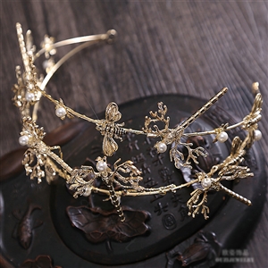 Simple European style Bride Alloy Dragonfly Bees Pearls Hair bands Women Hair Hoop - Gold