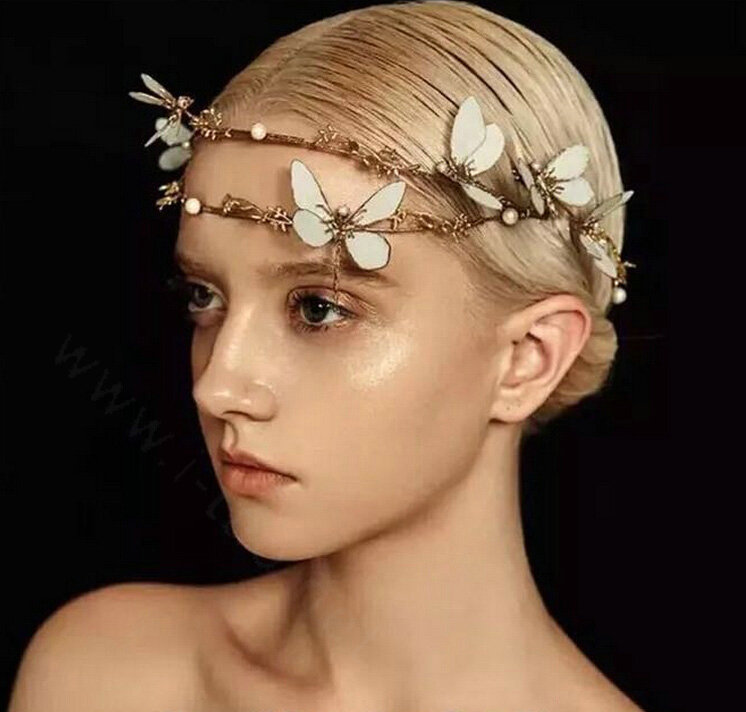 Simple European style Bride Alloy Dragonfly Pearls Hair bands Women Wedding Crown - Gold