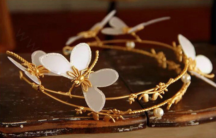 Simple European style Bride Alloy Dragonfly Pearls Hair bands Women Wedding Crown - Gold