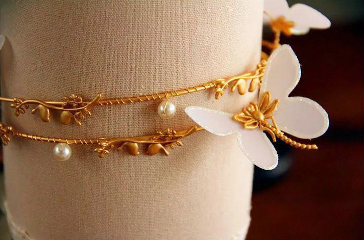 Simple European style Bride Alloy Dragonfly Pearls Hair bands Women Wedding Crown - Gold
