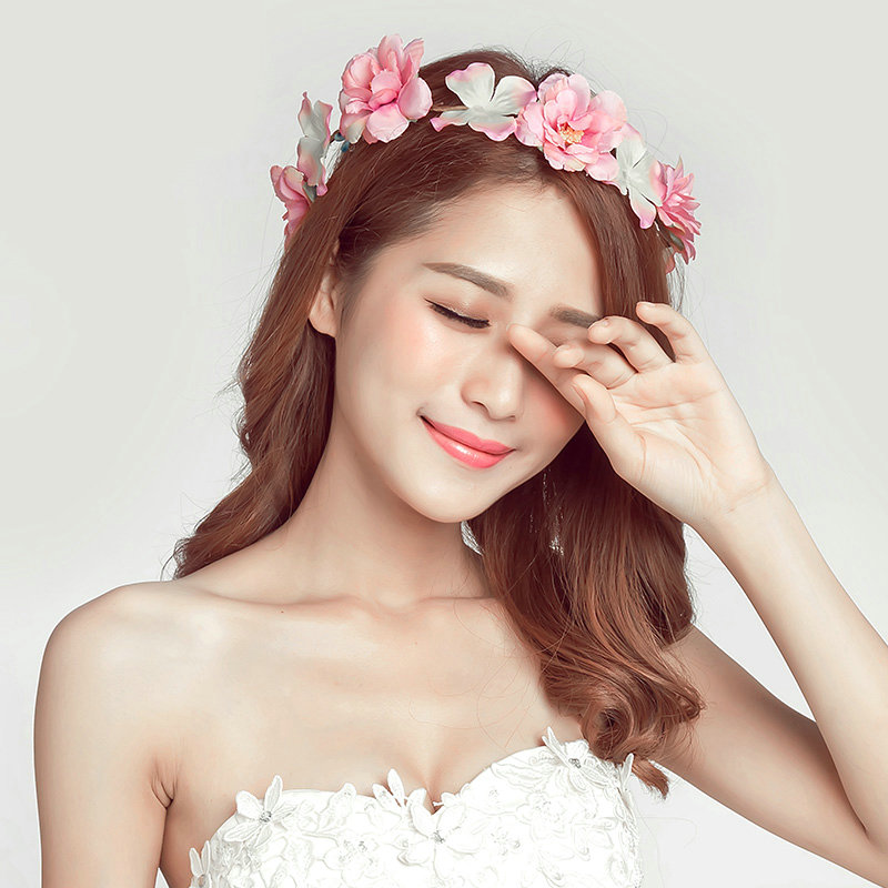 Simulation Flower Bride Vines Garland Headband Women Wedding Hair Accessories - Pink