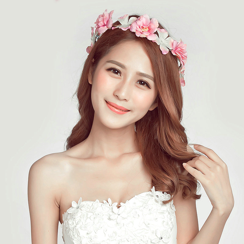 Simulation Flower Bride Vines Garland Headband Women Wedding Hair Accessories - Pink