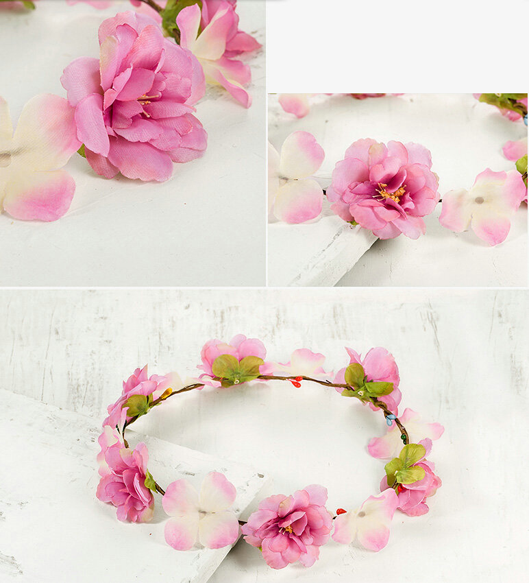 Simulation Flower Bride Vines Garland Headband Women Wedding Hair Accessories - Pink