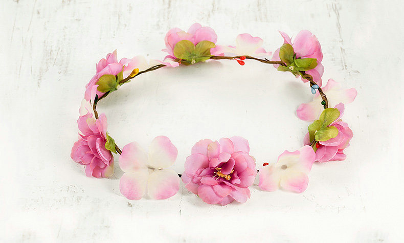Simulation Flower Bride Vines Garland Headband Women Wedding Hair Accessories - Pink