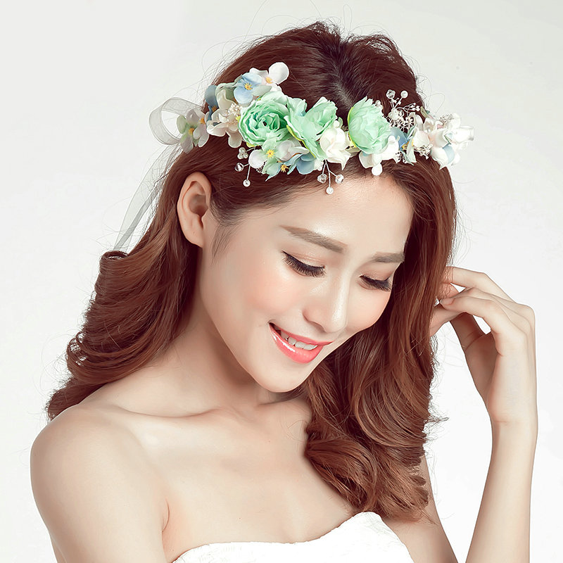 Simulation Flower Pearls Beads Bride Garland Women Wedding Beach Hair Accessories - Green