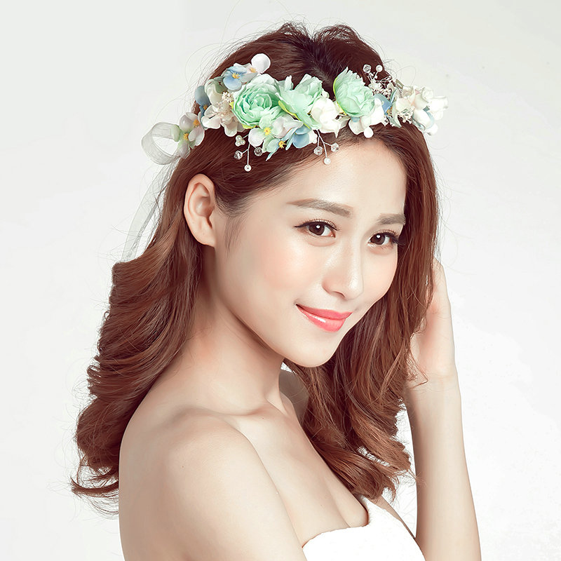 Simulation Flower Pearls Beads Bride Garland Women Wedding Beach Hair Accessories - Green