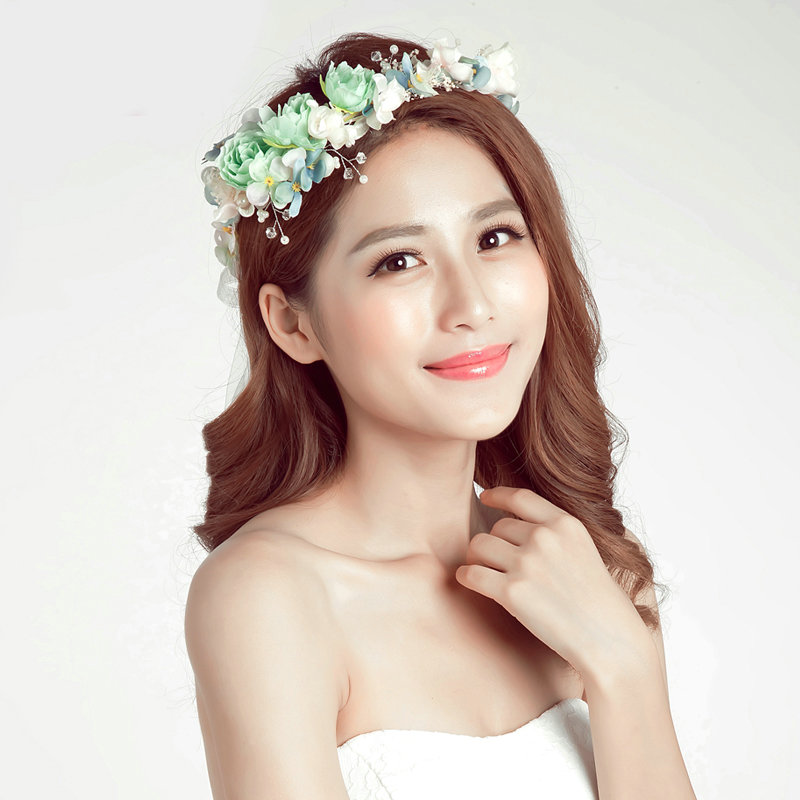 Simulation Flower Pearls Beads Bride Garland Women Wedding Beach Hair Accessories - Green