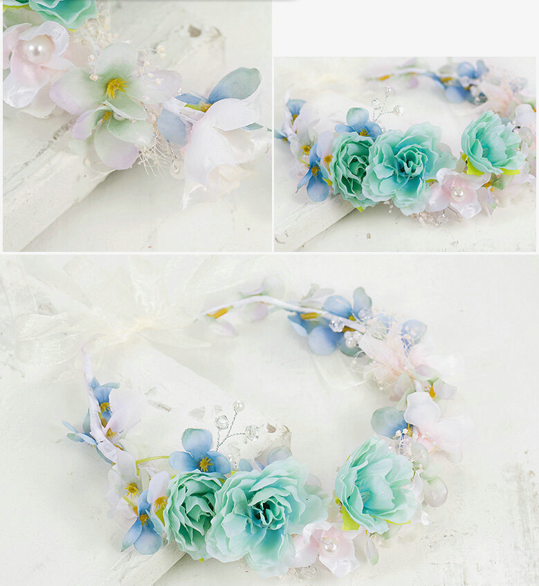 Simulation Flower Pearls Beads Bride Garland Women Wedding Beach Hair Accessories - Green