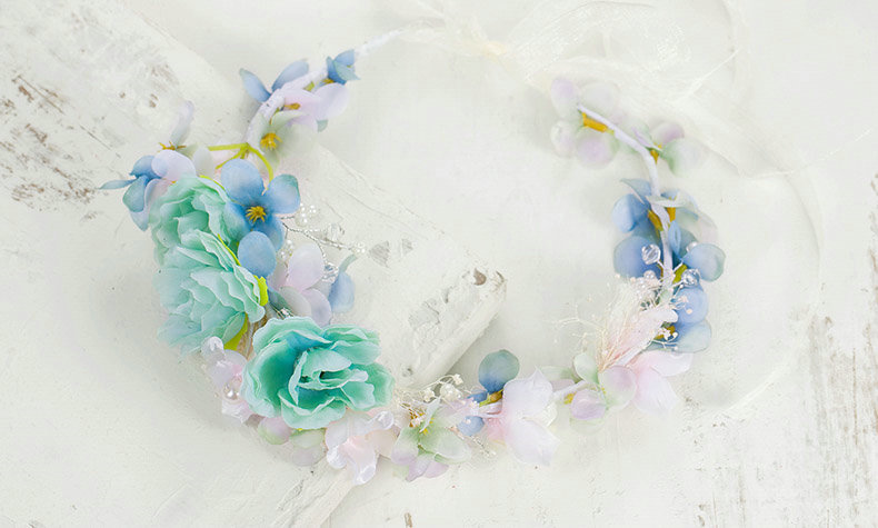 Simulation Flower Pearls Beads Bride Garland Women Wedding Beach Hair Accessories - Green