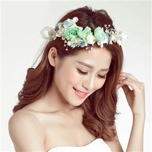 Simulation Flower Pearls Beads Bride Garland Women Wedding Beach Hair Accessories - Green