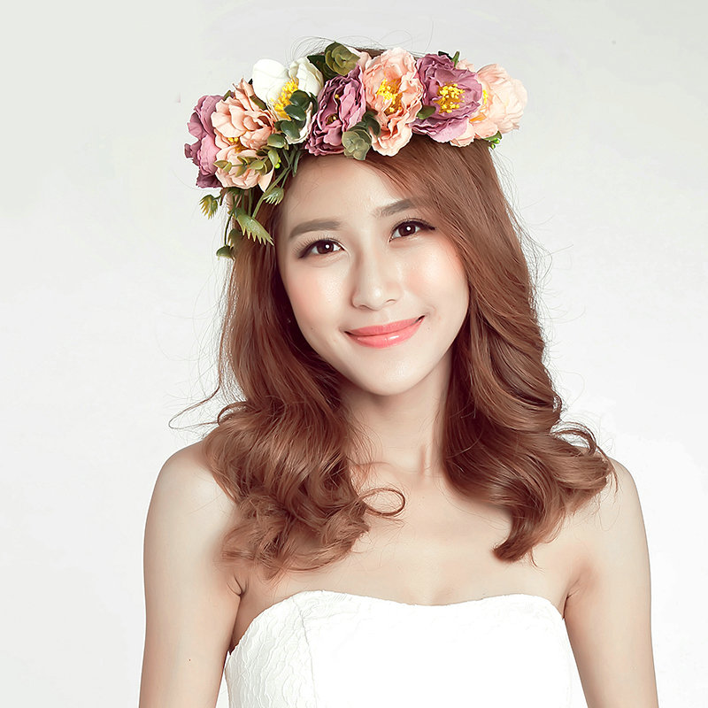 Simulation Flower Pearls Beads Bride Garland Women Wedding Beach Hair Accessories - Purple