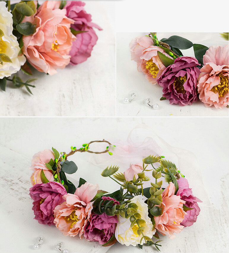 Simulation Flower Pearls Beads Bride Garland Women Wedding Beach Hair Accessories - Purple