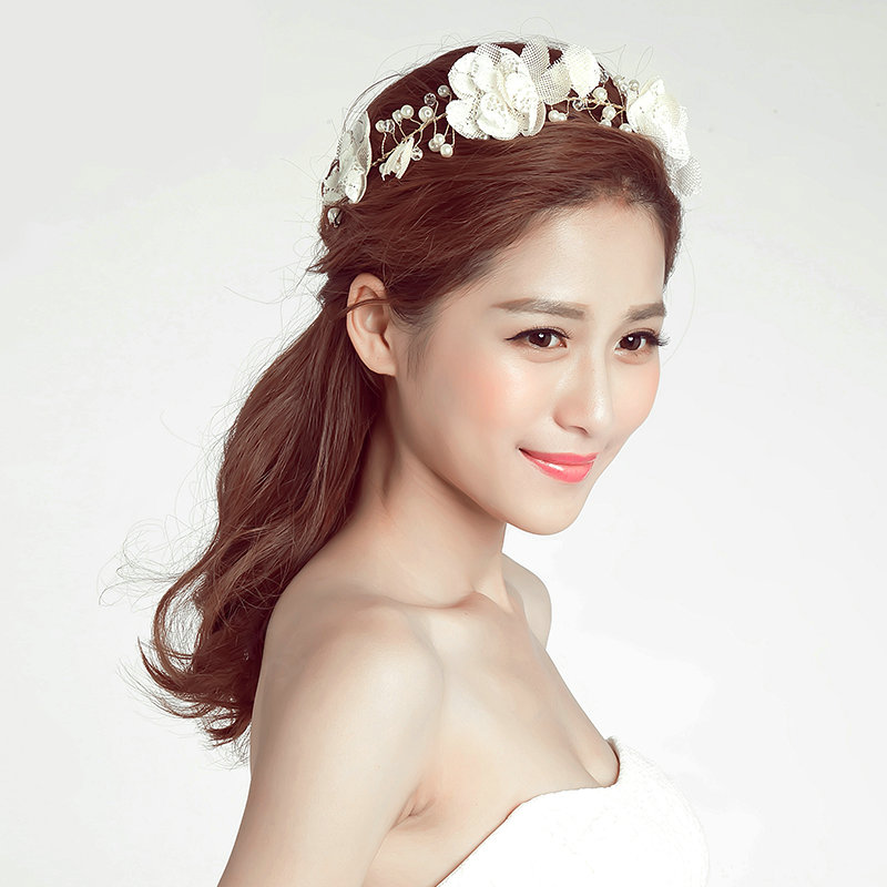 Simulation Flower Pearls Beads Bride Garland Women Wedding Beach Hair Accessories - White