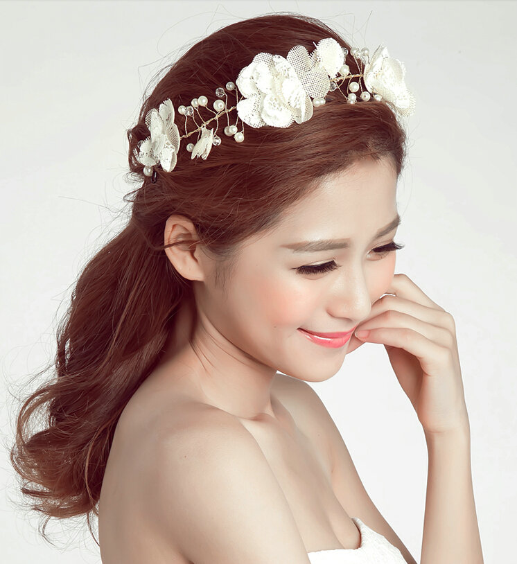 Simulation Flower Pearls Beads Bride Garland Women Wedding Beach Hair Accessories - White