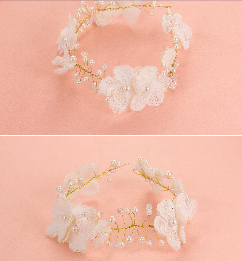 Simulation Flower Pearls Beads Bride Garland Women Wedding Beach Hair Accessories - White
