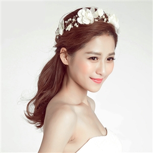 Simulation Flower Pearls Beads Bride Garland Women Wedding Beach Hair Accessories - White
