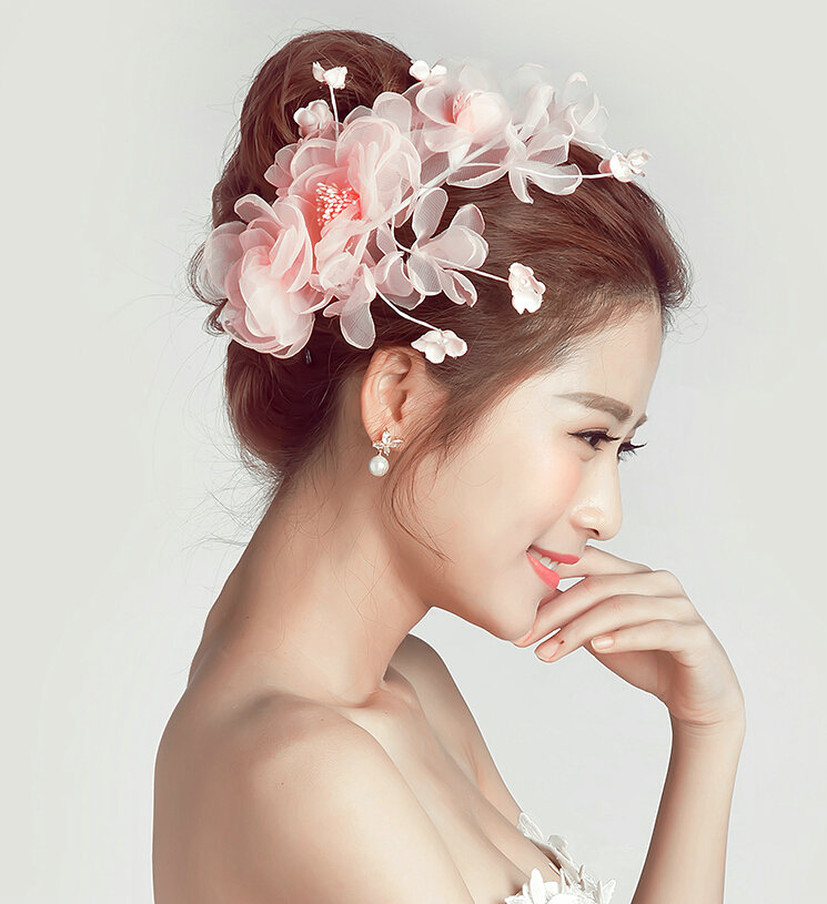 Simulation Flower Pearls Beads Bride Headbands Women Wedding Hair Accessories - Pink