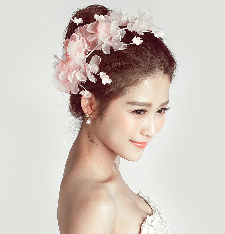 Simulation Flower Pearls Beads Bride Headbands Women Wedding Hair Accessories - Pink