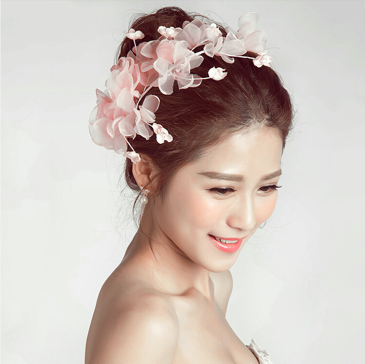 Simulation Flower Pearls Beads Bride Headbands Women Wedding Hair Accessories - Pink