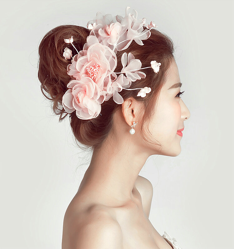 Simulation Flower Pearls Beads Bride Headbands Women Wedding Hair Accessories - Pink