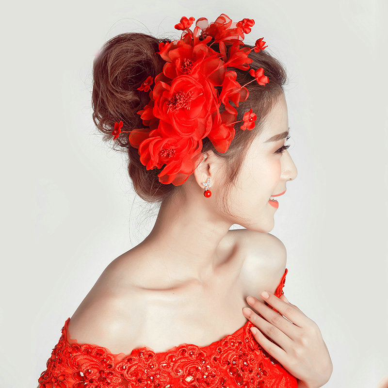 Simulation Flower Pearls Beads Bride Headbands Women Wedding Hair Accessories - Red