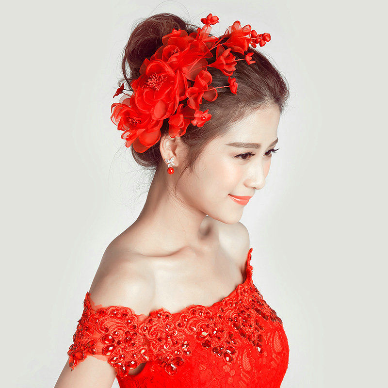 Simulation Flower Pearls Beads Bride Headbands Women Wedding Hair Accessories - Red