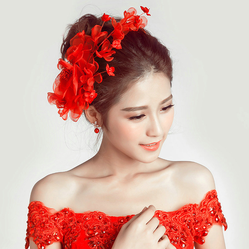Simulation Flower Pearls Beads Bride Headbands Women Wedding Hair Accessories - Red