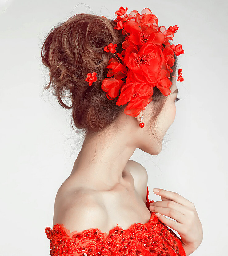 Simulation Flower Pearls Beads Bride Headbands Women Wedding Hair Accessories - Red