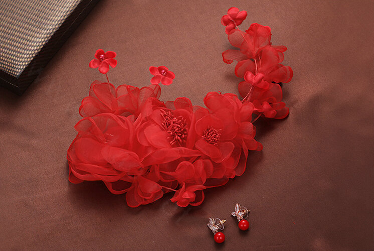 Simulation Flower Pearls Beads Bride Headbands Women Wedding Hair Accessories - Red