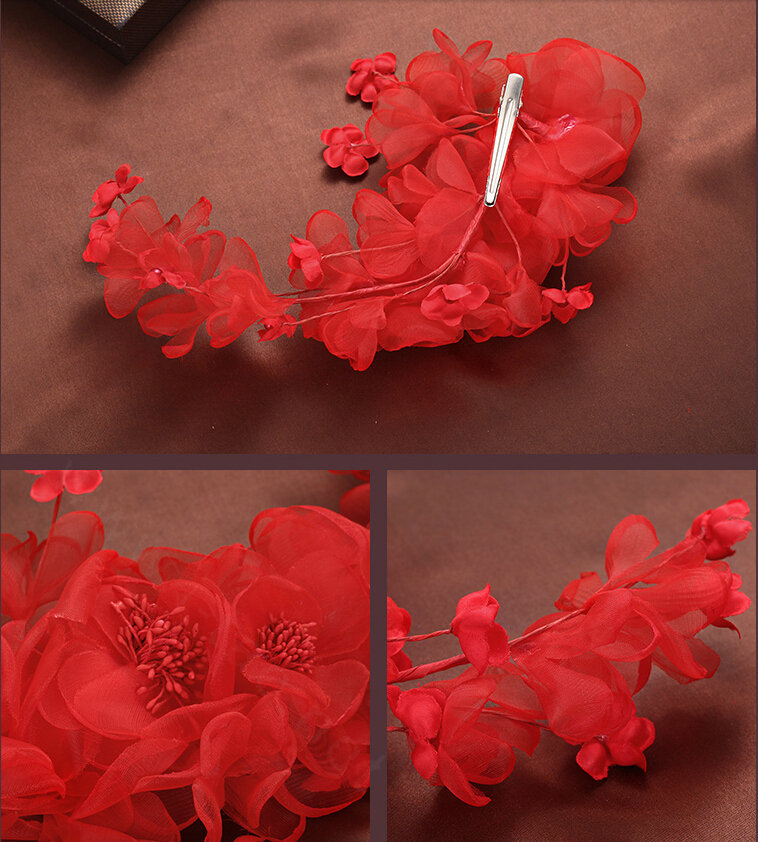 Simulation Flower Pearls Beads Bride Headbands Women Wedding Hair Accessories - Red