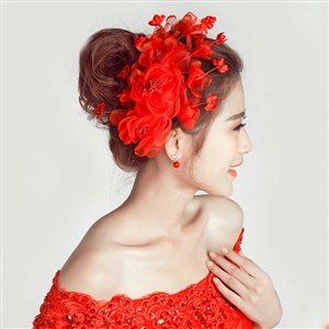 Simulation Flower Pearls Beads Bride Headbands Women Wedding Hair Accessories - Red