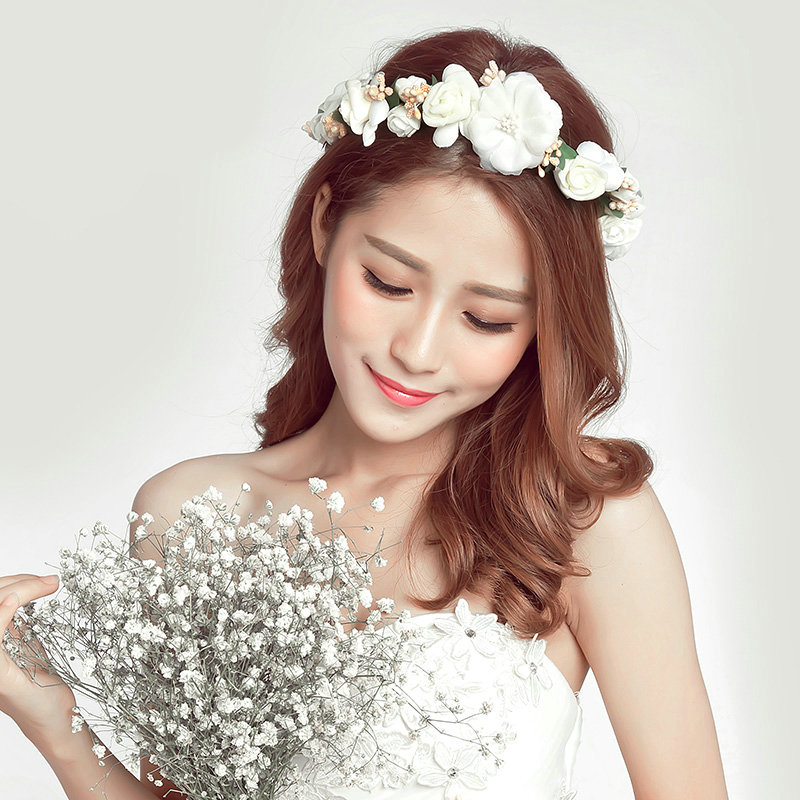 Simulation Flower Pearls Bride Garland Wristband Women Beach Hair Accessories - White