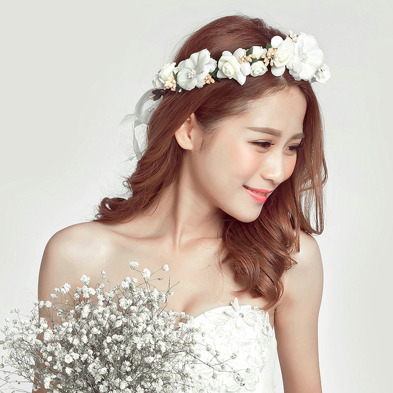Simulation Flower Pearls Bride Garland Wristband Women Beach Hair Accessories - White