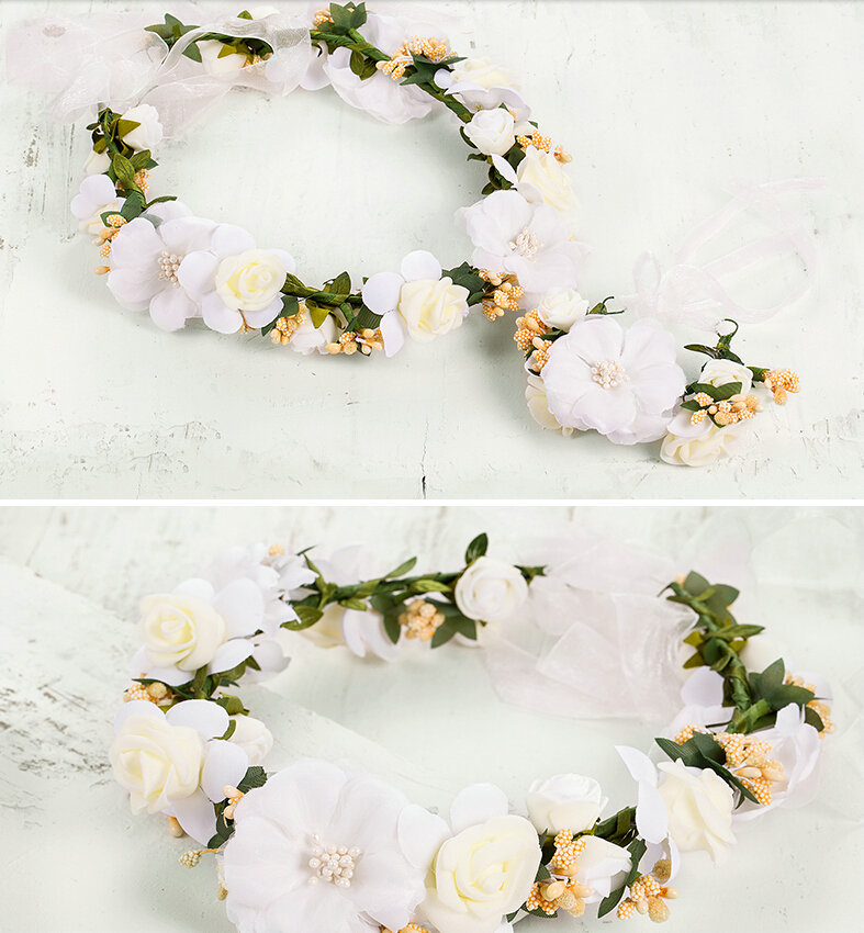 Simulation Flower Pearls Bride Garland Wristband Women Beach Hair Accessories - White