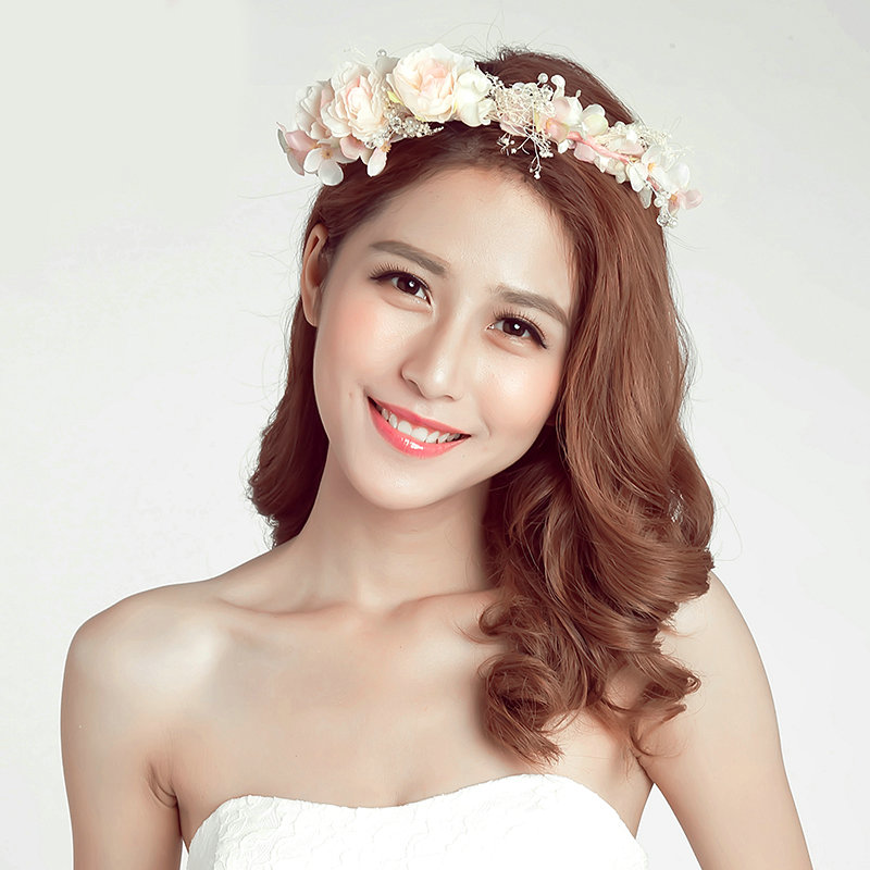 Simulation Flower Pearls Bride Vines Garland Headband Women Beach Hair Accessories - Pink