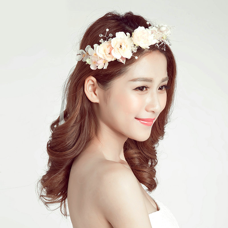 Simulation Flower Pearls Bride Vines Garland Headband Women Beach Hair Accessories - Pink