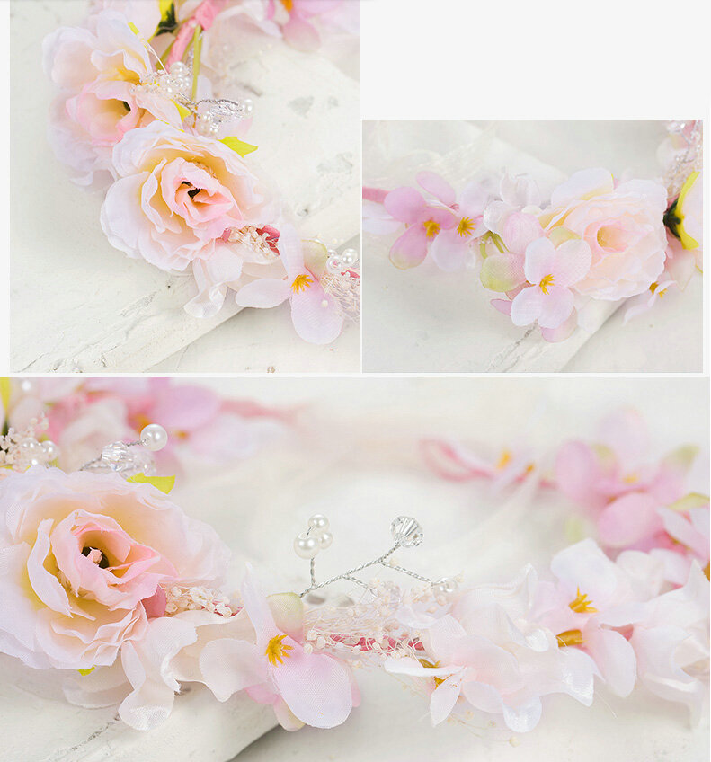 Simulation Flower Pearls Bride Vines Garland Headband Women Beach Hair Accessories - Pink