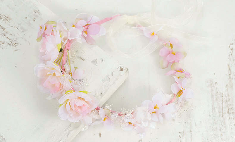 Simulation Flower Pearls Bride Vines Garland Headband Women Beach Hair Accessories - Pink